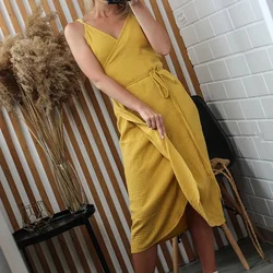 2024 Summer 100% Cotton Muslin Women'S Dress V-Neck Tie-Up Sexy Sleeveless Bandage Long Maxi Elegant Dresses