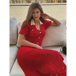 V-Neck Slimming Red Long Dress Bubble Sleeved Knitted Beach DressesHollowed Out Single Breasted Button Women Robe