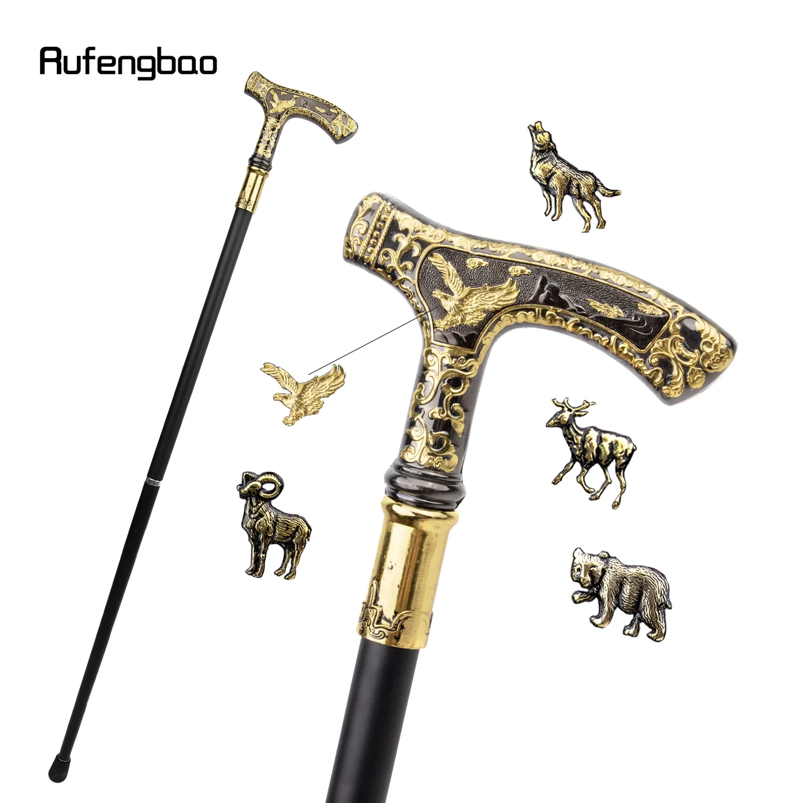 Gold Black Animal Bear Eagle Wolf Goat Deer  Walking Cane Fashion Decorative Gentleman Elegant Cosplay Cane Knob Crosier 90cm