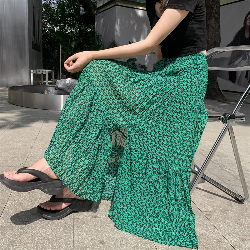 Vintage green floral pleated skirt women's 2024 spring/summer high-waisted slimming splicing large swing mid-length A-line skirt