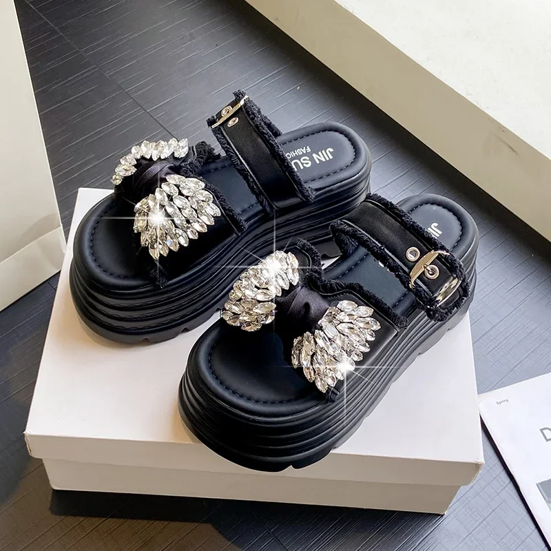 

Новые женские летние уличные тапочки без шнуровки на толстой подошве, туфли на высоком каблуке с узлом-бабочкой 8,5 см, блестящие туфли с бриллиантами, женские сандалии на плоской подошве