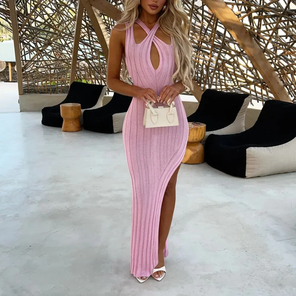 Sexy Knitted Pit Strip Side Split Long Dress for Women Summer Holiday Beach Dress Fashion Tight Solid Color 2024 Women Clothing