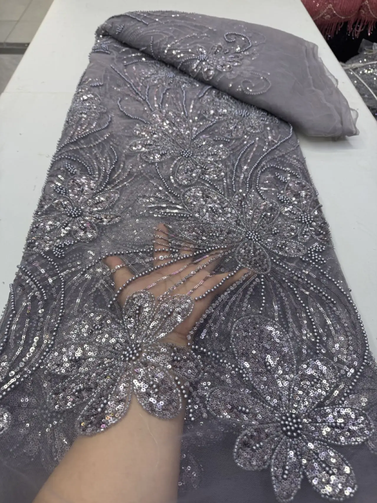 

2026 High-Quality African Nigerian Tulle Lace Fabric Sequins Embroidery French Guipure Luxury Wedding Party Dress Beaded 5Yards
