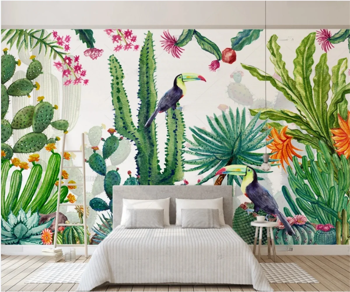 Custom size wallpaper hand-painted desert plant cactus mural, children's room kindergarten decoration painting, succulent mural