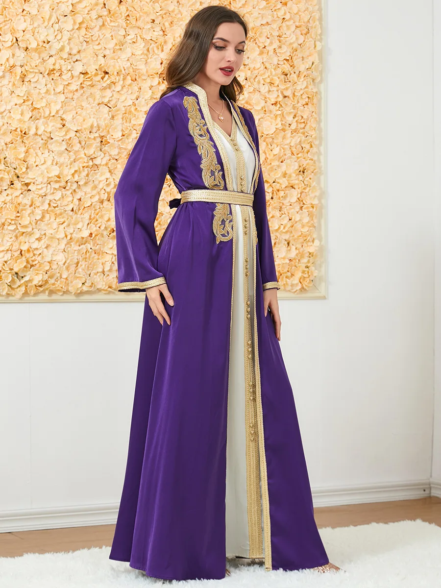 Turkey Muslim Abaya Dress Women Morocco Kaftan 2 Piece Set Eid Ramadan Party Dresses Dubai Abayas Belted Maxi Vestdios 2023 Robe