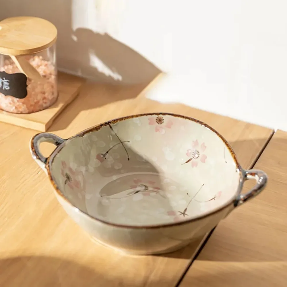 

Кухонная посуда 7,5 дюймов, японская миска для лапши, 700 мл, керамическая миска для супа, бинауральная ручка, ретро салатная миска, макароны