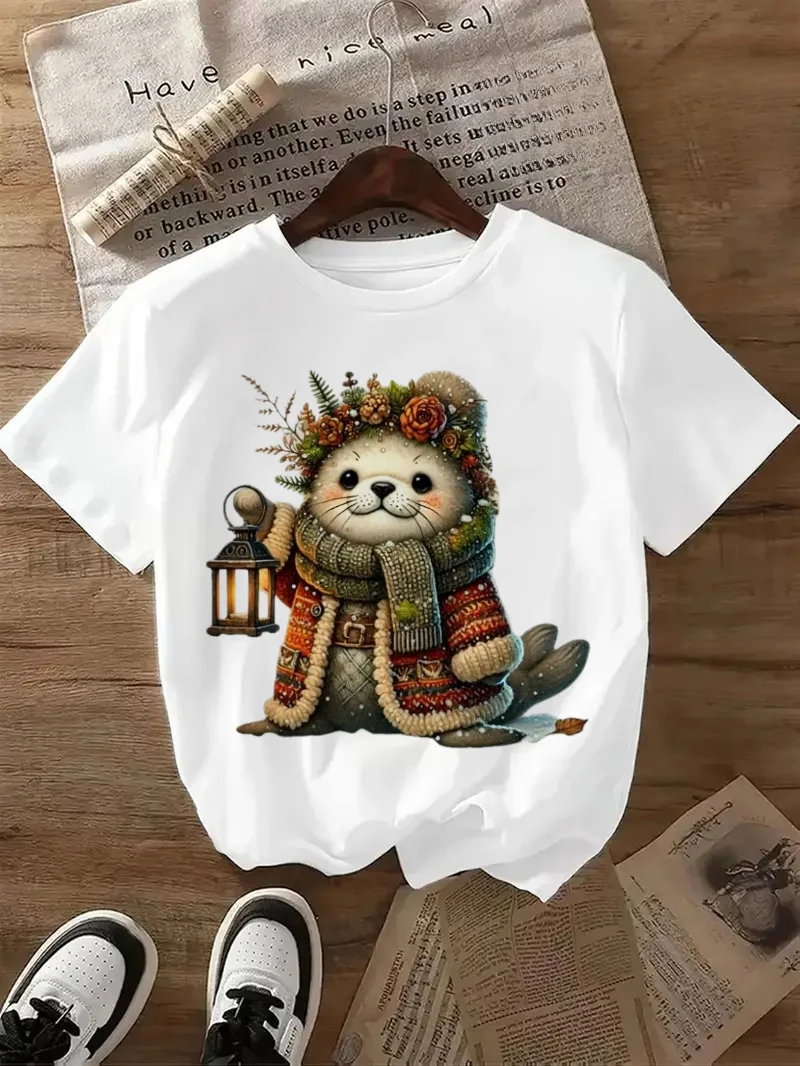 

Pattern T-Shirt Style Cute O-Neck Versatile Women's White Top Short Sleeved Clothing Cartoon Street Casual Regular T-Shirt