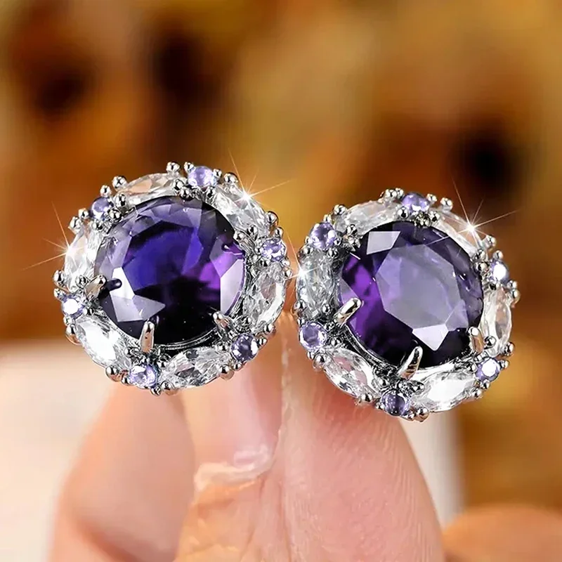 2024 White/Blue/Purple/Green/Red Cubic Zirconia Stud Earrings for Women Newly Designed Luxury Ear Accessories Wedding Jewelry