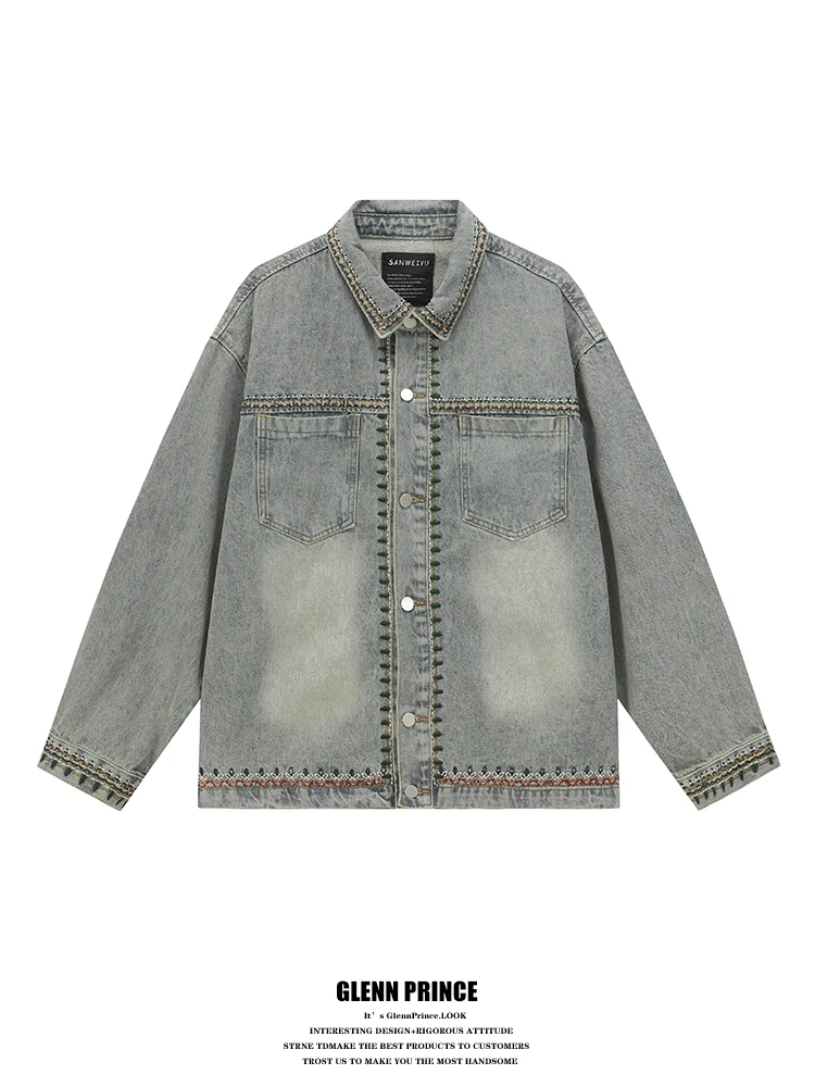 

GPstudio Ethnic Embroidered Loose Fit Denim Jaet Men's Waed Vintage Collared Jaet Youthful Trendy Outerwear