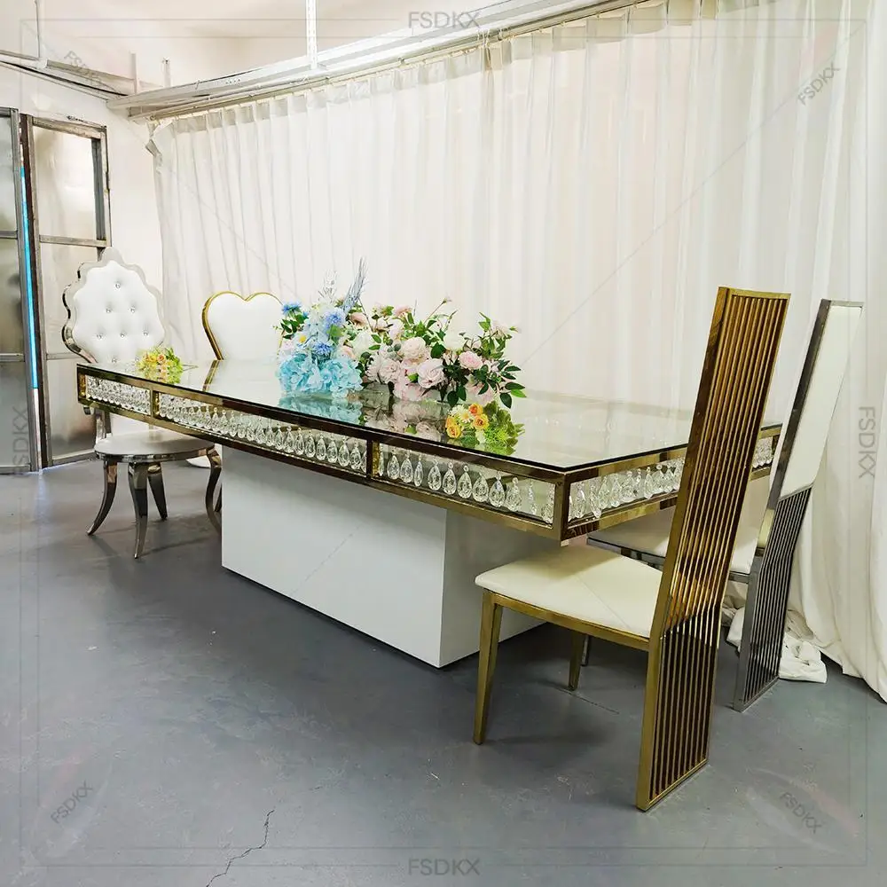 

FSDKX Wedding Furniture Modern Gold Stainless Steel Glass Top Dining Tables for Event Hotels Used