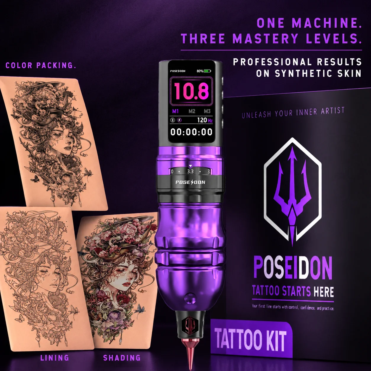 POSEIDON Wireless Tattoo Machine Pen Adjustable Stroke Custom Motor Dual power supply 2300Mah Battery For Tattoo Kit Gun Kit