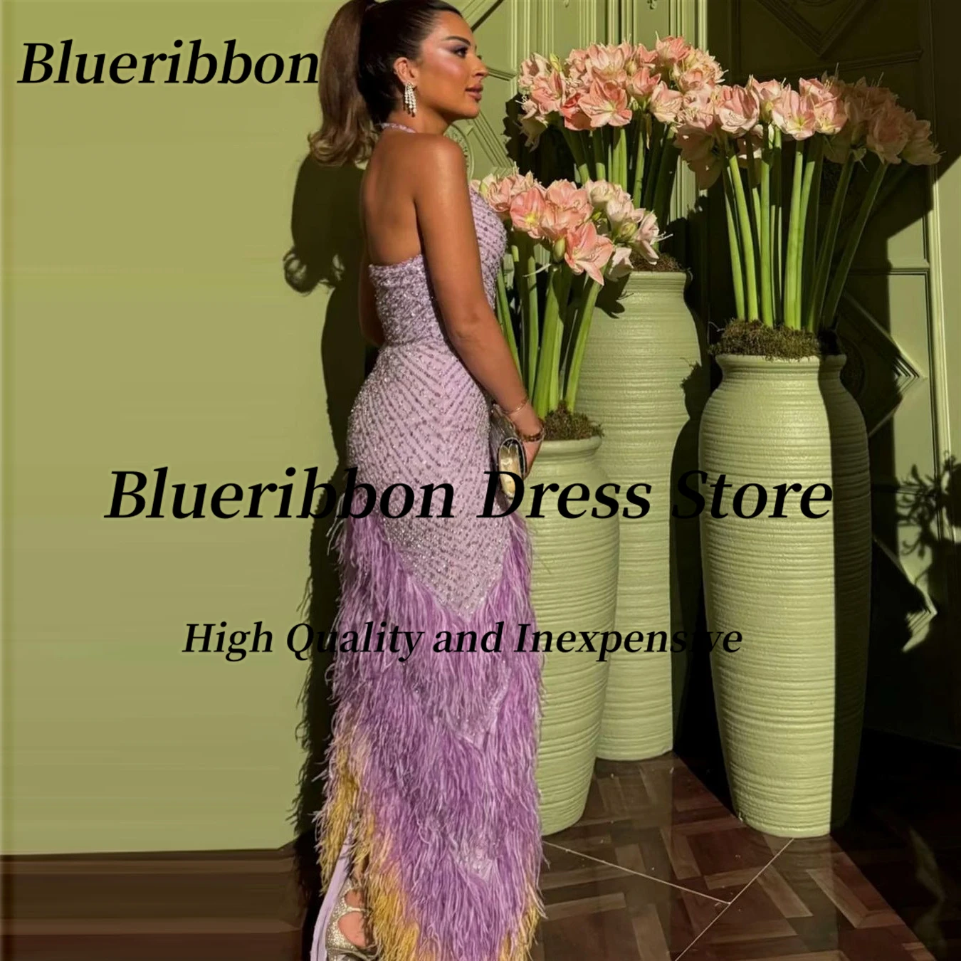 Blueribbon Luxury Prom Dresses Celebrity Women Wear Halter Neck Pageant Party Dress Beaded Sequins Feathers Evening Gowns