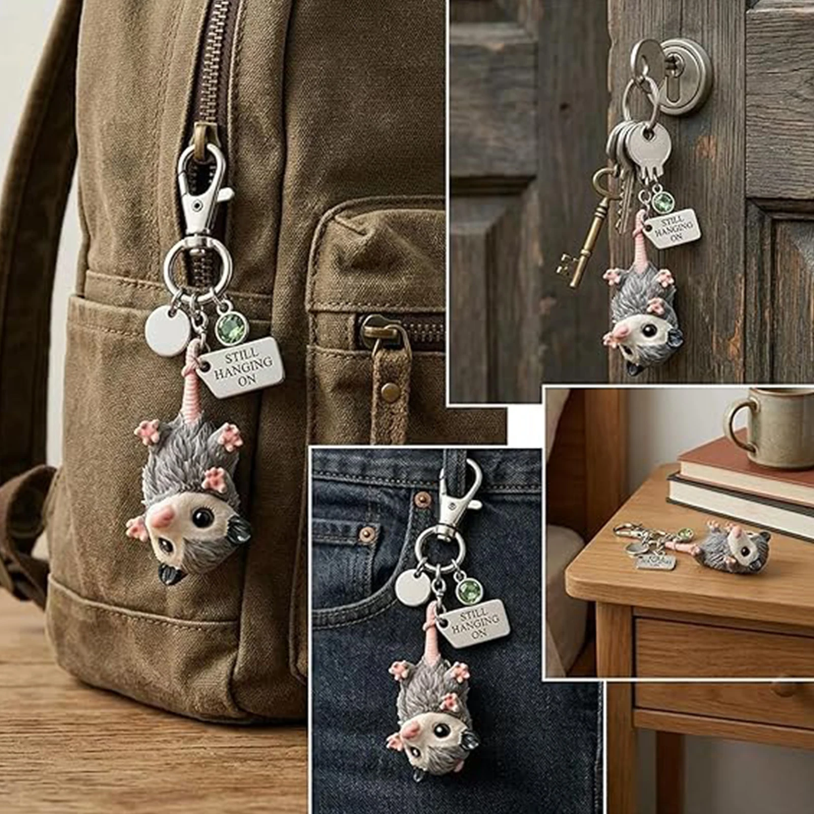 Still Hanging On Keychain Set with Birthstone Charm Possum Gifts Car Key Wallet Keyring for Cool Dashboard Decorations