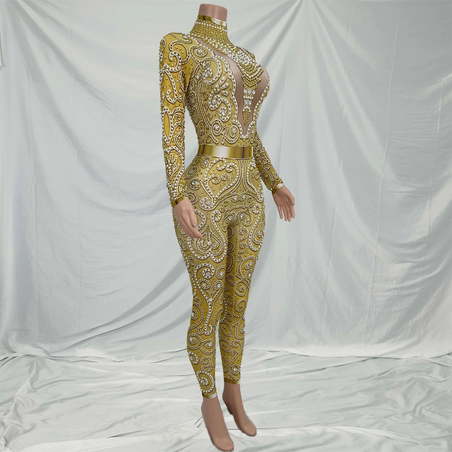 

Quanquan Carnival One Piece Jumpsuit for Women Sexy Romper Glitter Crystal Pole Dance Costume Nightclub Bar Stage Wear Outfits