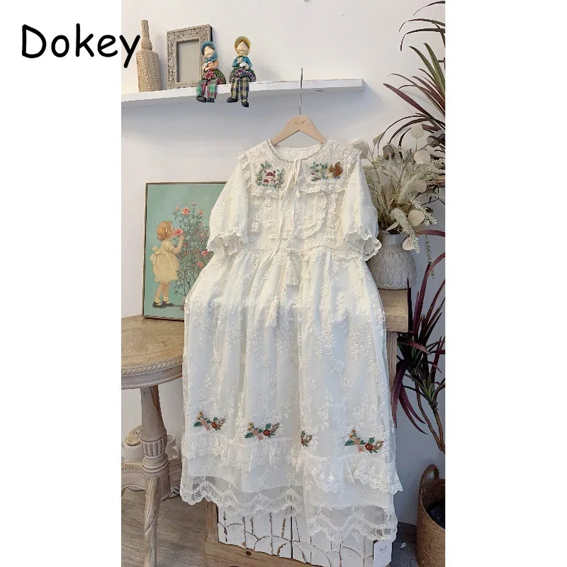 Vintage Embroidery White Lace Dress Women Mori Girl Peter Pan Collar Kawaii Dress Japan Style Short Sleeve Loose Midi Vestidos