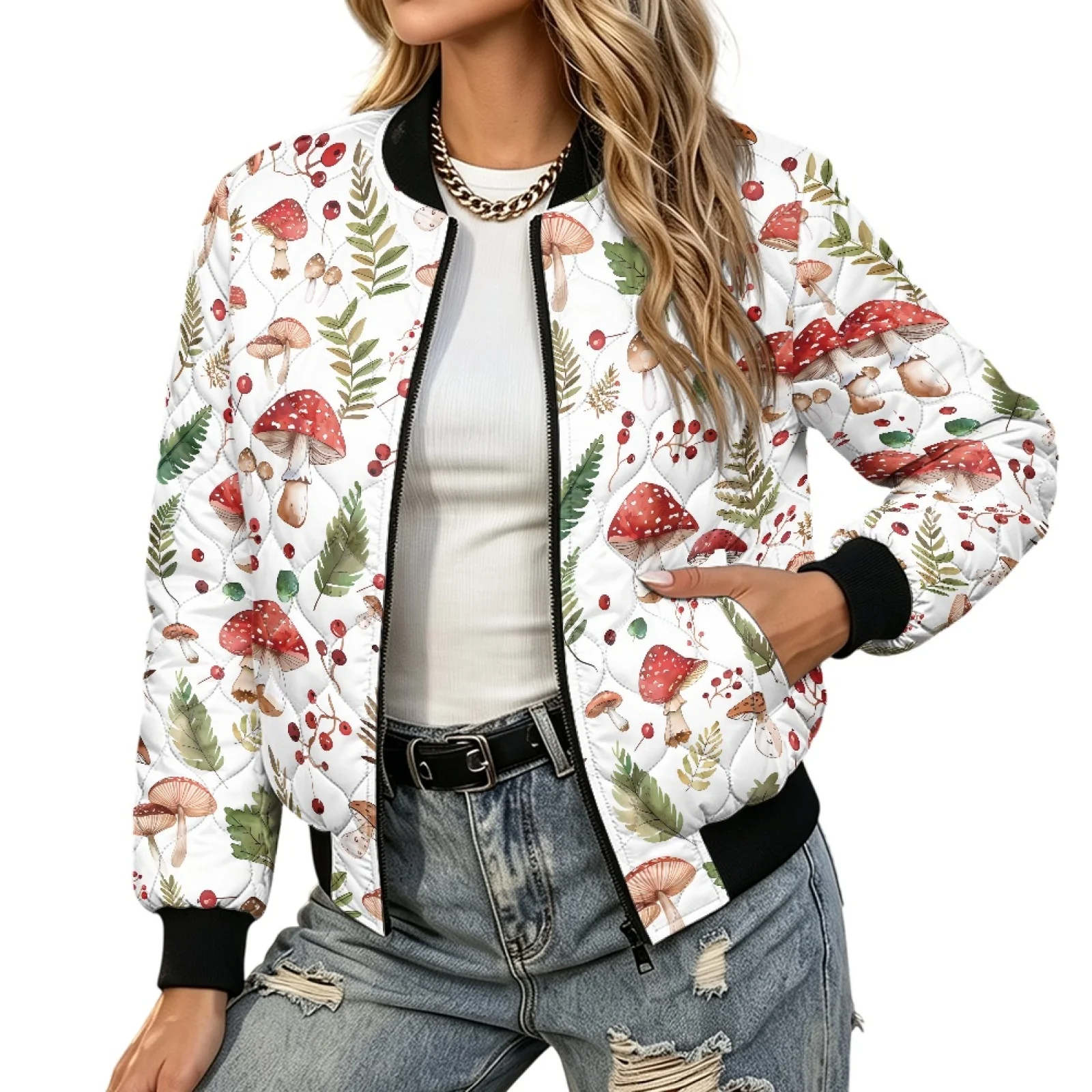 PENSTROLL Mushroom Women Light Padded Long Sleeve Jacket with Zipper Front Water-Resistant Quilted Puffer Jacket for Winter