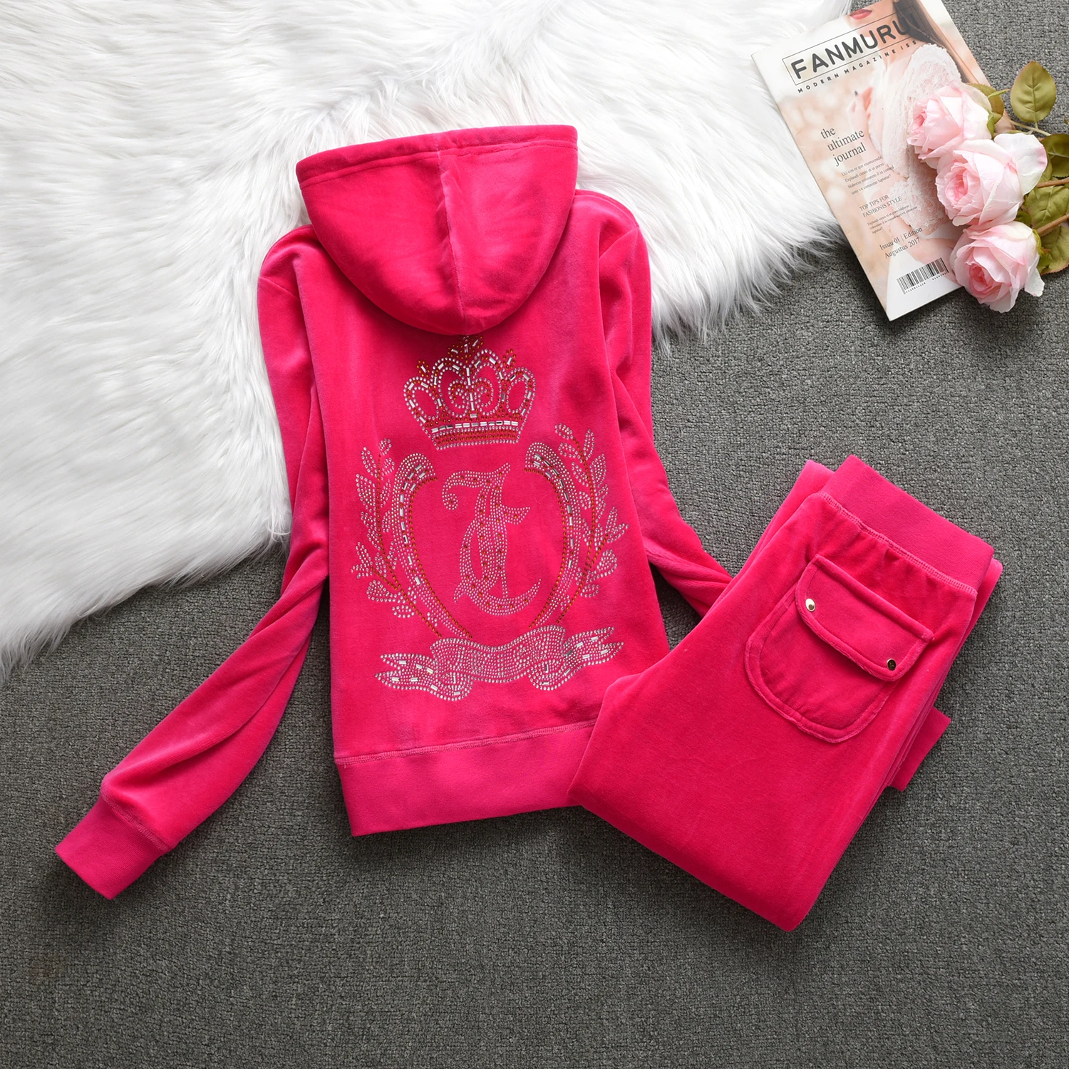 Chándal de terciopelo para mujer, chándal informal de terciopelo, traje Original para mujer, deportes al aire libre, sudadera con capucha, traje Diamond Juicy, 2 piezas