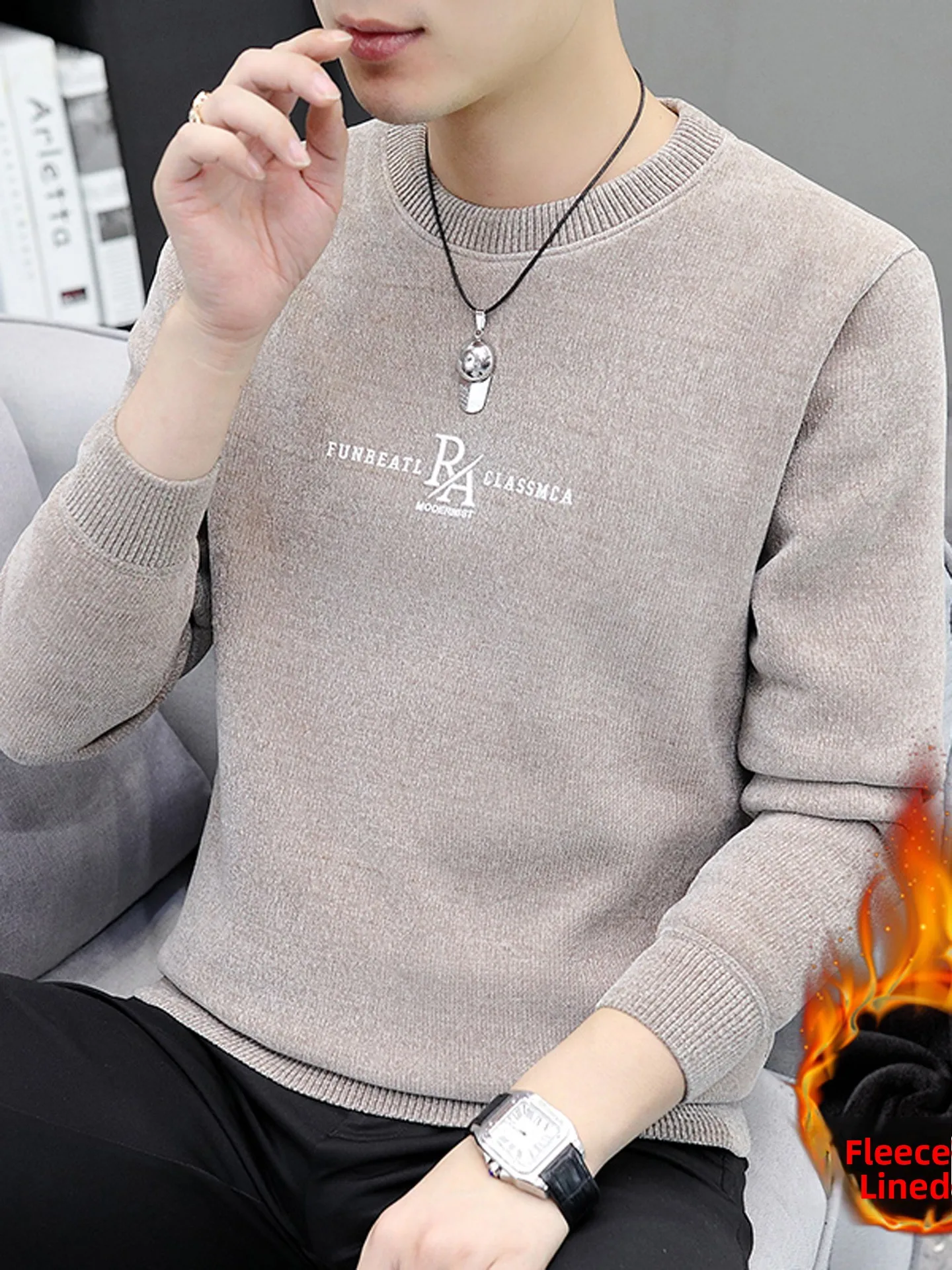 

Men's Knitted Fce-lined Sweater round Ne Casual Thi Warm Polyester Blend with Letter Print One-piece Velvet Softwear