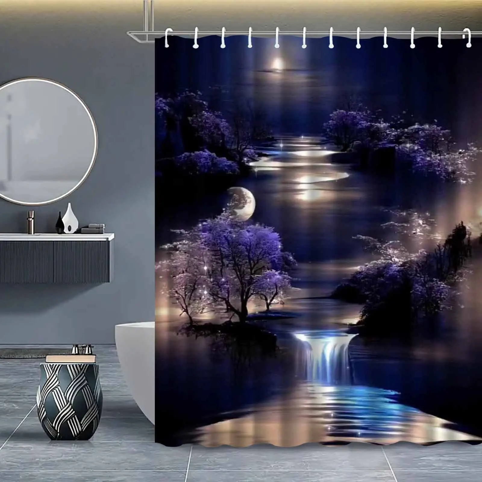 

Занавеска для душа Moonlight River, ночной пейзаж, водопад, декор вишни, элегантный набор водонепроницаемых занавесок для ванной комнаты