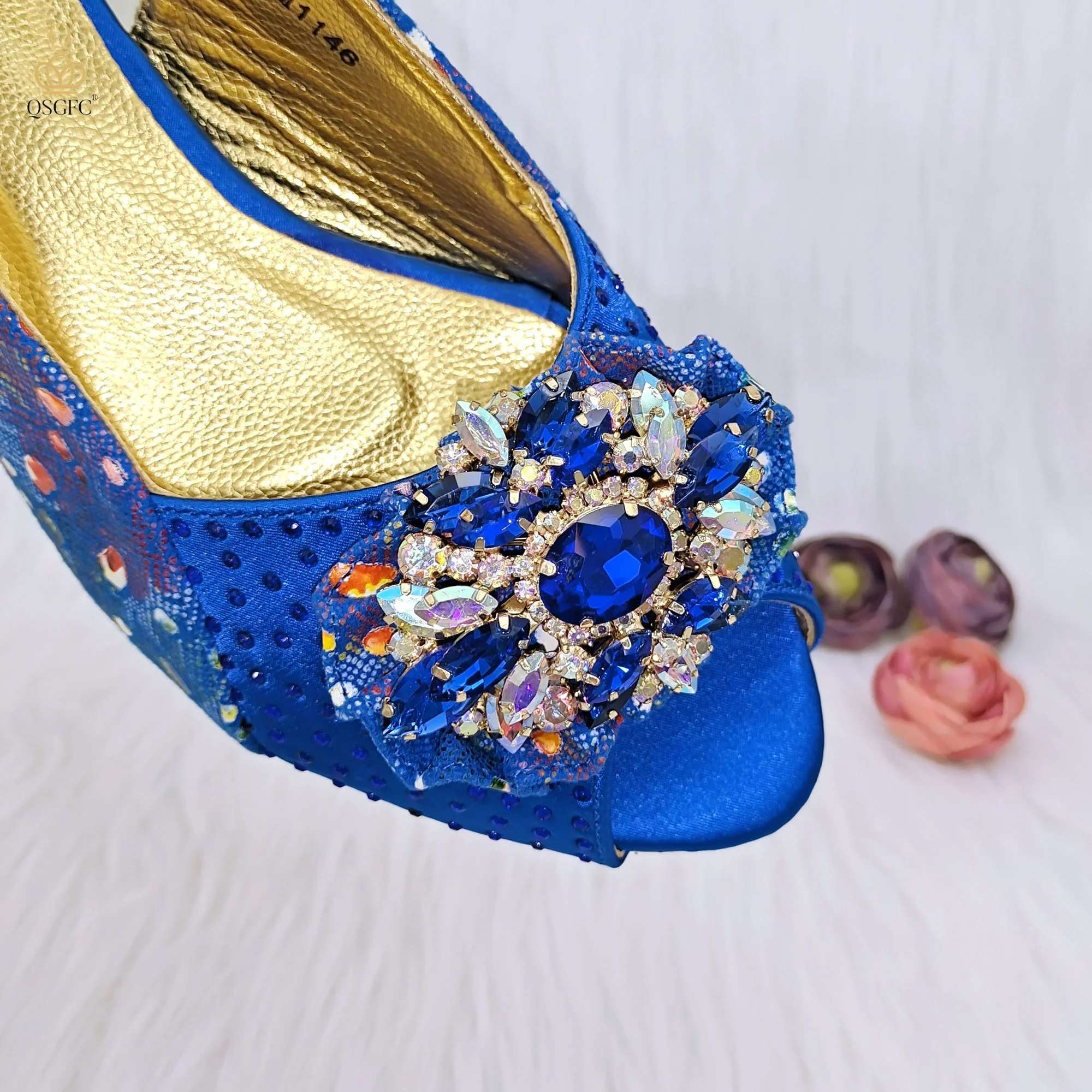 QSGFC The latest INS Style All-match French Open-toe Rhinestone Stiletto Low Heel Shoes Royal blue Color Women\'s Shoes And Bags