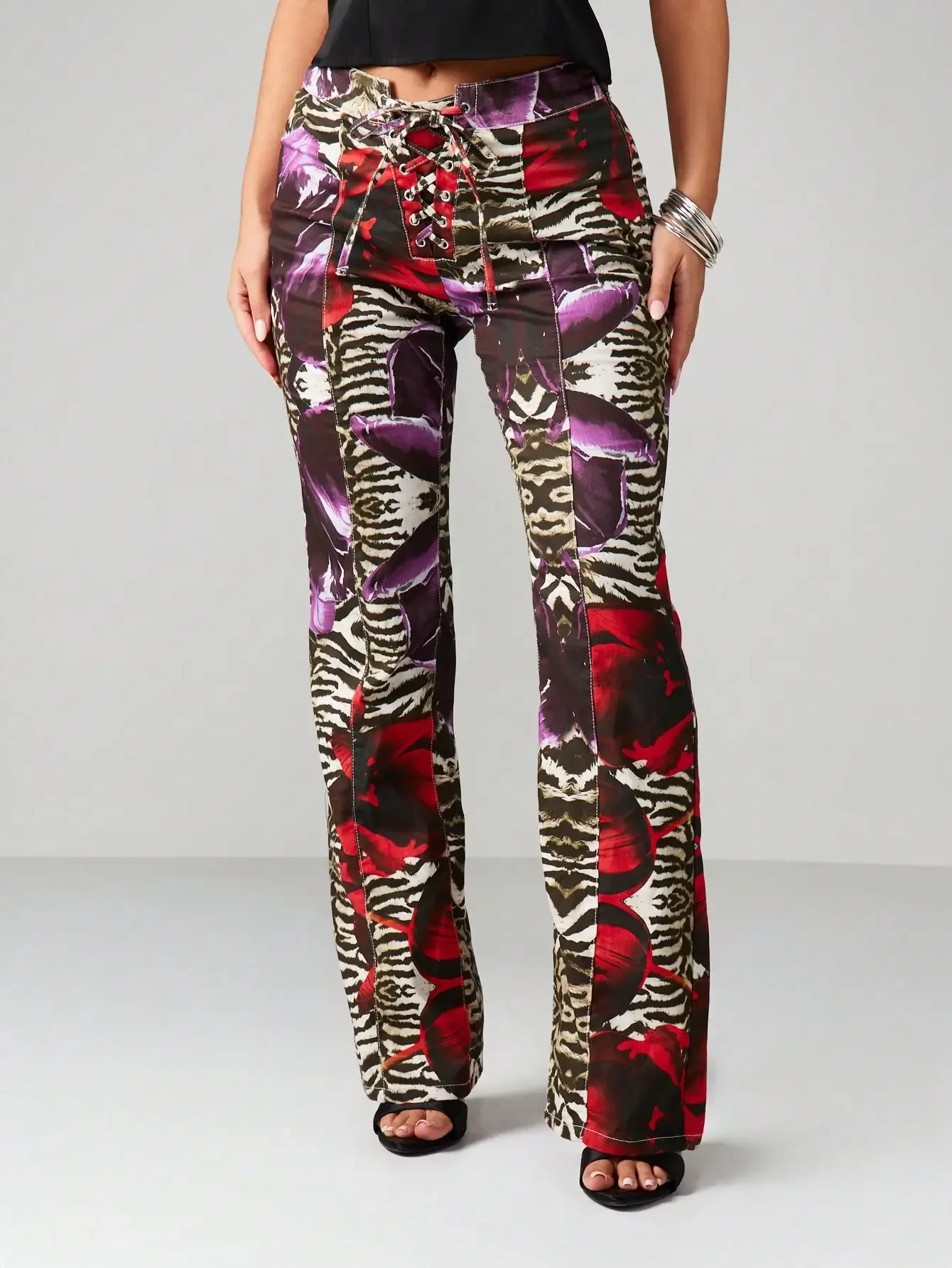 

Low Rise Lace-Up Flare Jeans with Mixed Animal & Floral Print, Stretch Denim