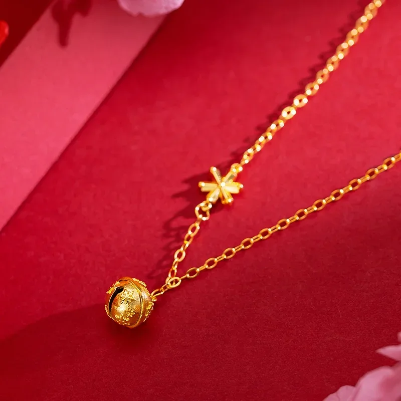 

9999 Real Gold 24K Snowflake Bell Set Chain Fashion Personality Trend ins Wind Bell Clavicle Necklace Female