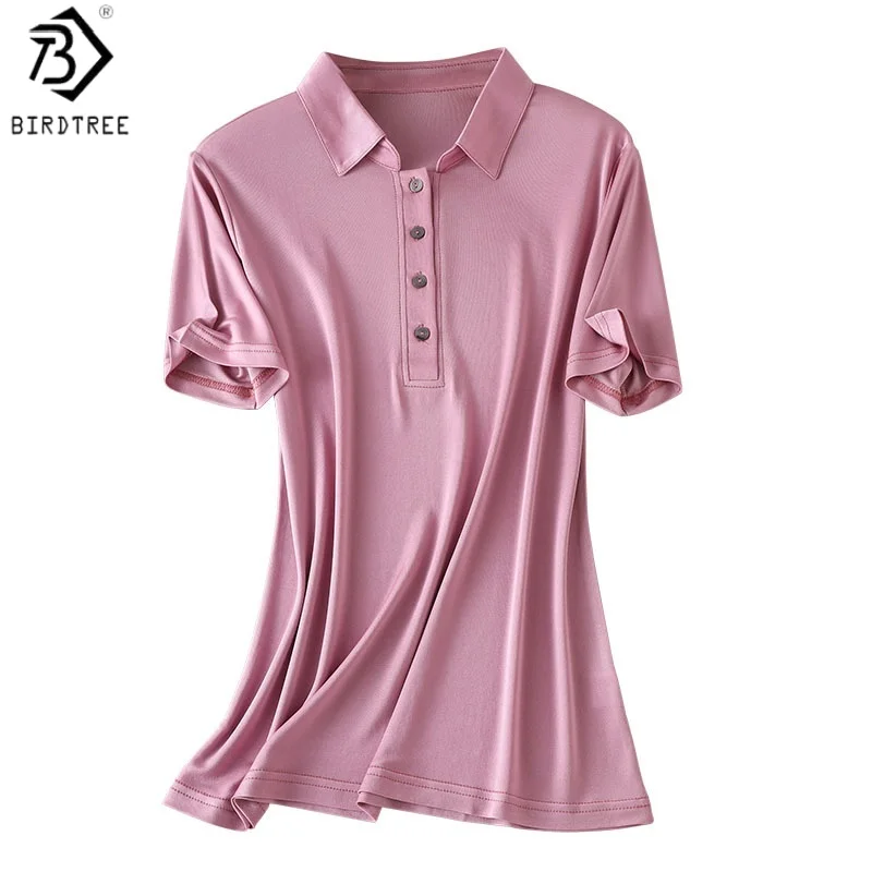 

Футболка Birdtree, 23% натурального шелка, 77% вискозы, однотонная, с отложным воротником, свободного кроя, мягкая, женская, с коротким рукавом, новая коллекция 2026, T61033JF