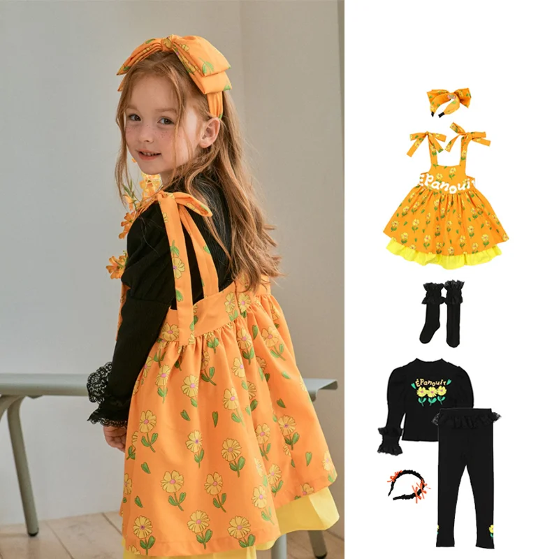 

BEBE Daisy girl set 2024 autumn new Korean lace children's base set cute backstrap dress Fashion clothes for girls