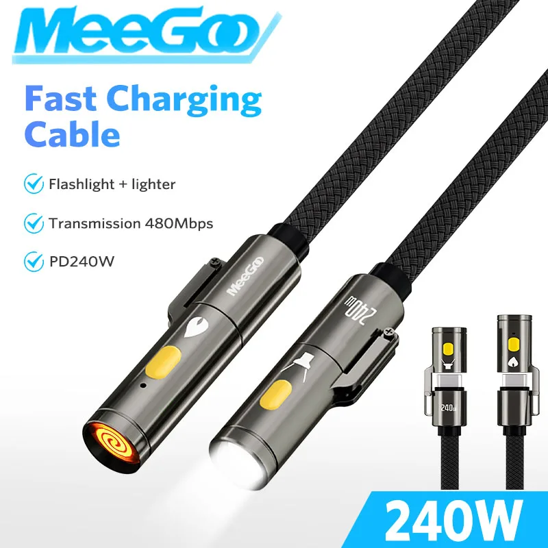 MeeGoo-Cable de carga rápida de 240w, linterna multifuncional tipo C a tipo C con encendedor y Cable USB C trenzado LED para todos los teléfonos