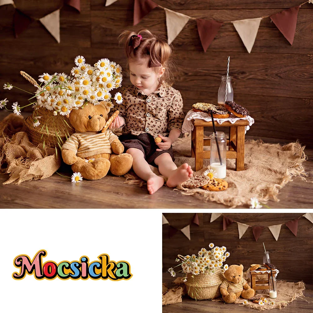 

Party Decoration Photography Background Banner Small Daisy Toy Teddy Bear Dessert Brown Wood Backdrop Baby Children Girl Photo