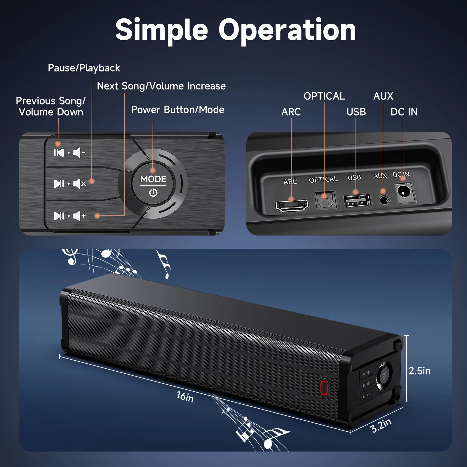 FanFun H6 3D Surround Soundbar for TV–15W Dual Drivers,Dolby Atmos,Bluetooth 5.4/HDMI-ARC/AUX/USB, 3 EQ Modes,Compact Wall-Mount