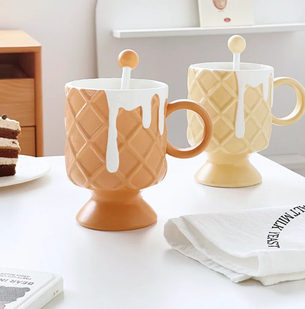 Ceramic Cup ins High appearance Level Milk Cup Girls home Cream Ice Cream Coffee Cup mug Mug with stirring spoon