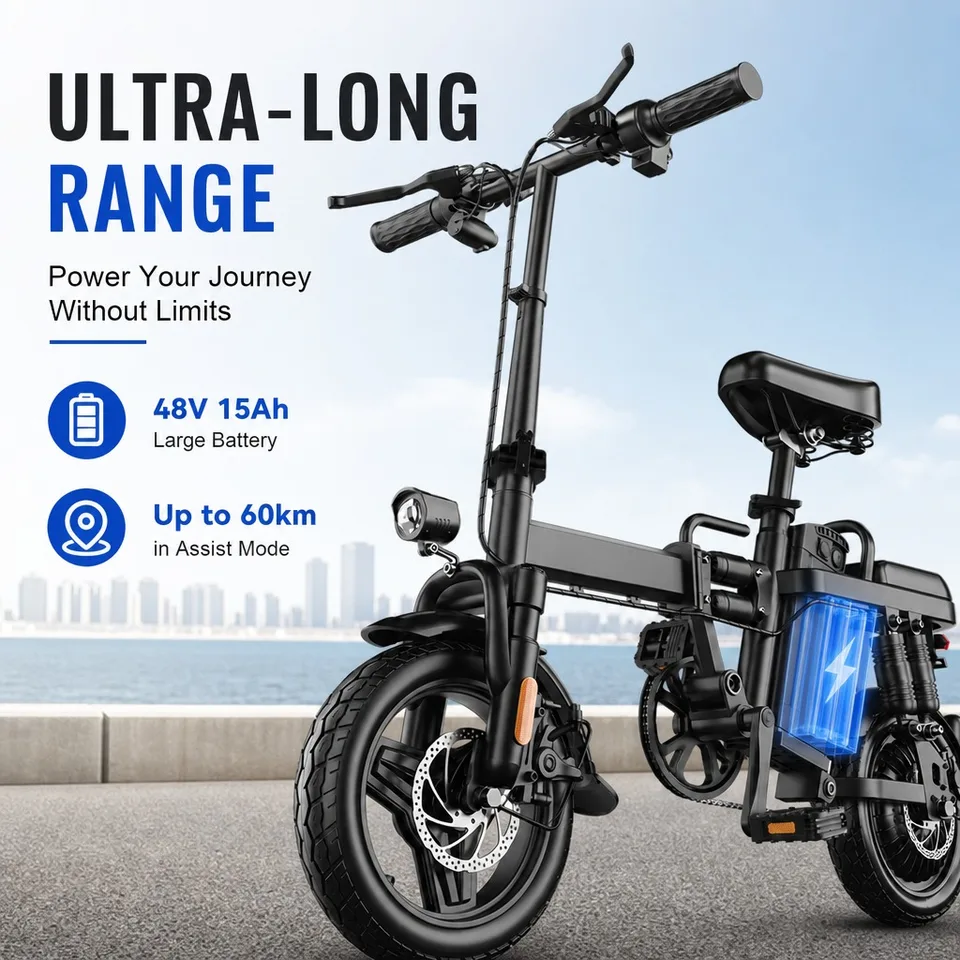 48V 500W Powerful Electric Bike, 43km/h Top Speed, 60km Assist Range, 14" Foldable Frame Fits Trunk, Dual Disc Brakes Rain-Ready, 150kg Load, Fenders & Basket Included, Commuter E-Bike image 4