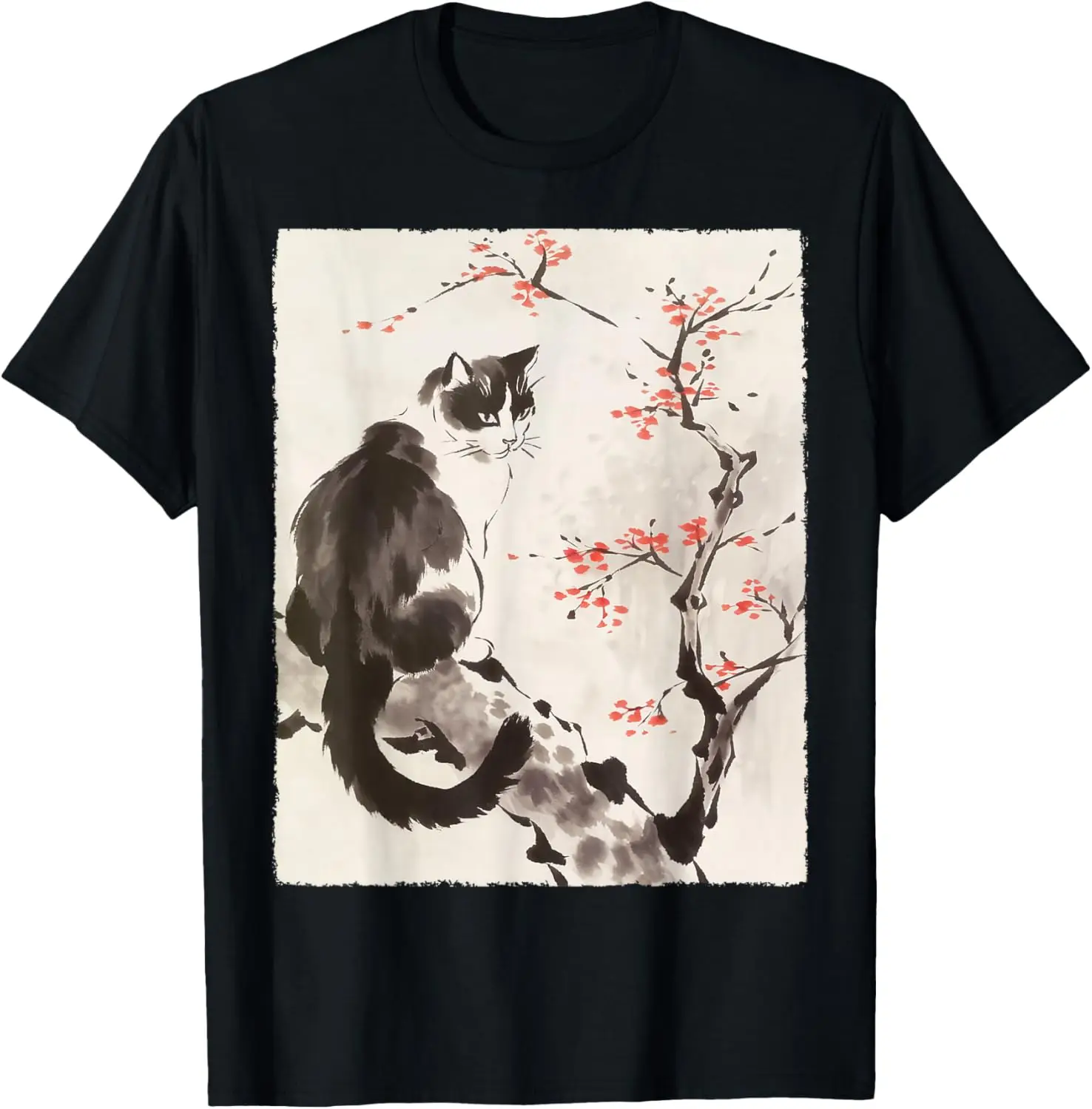 Cat Japanese Art Sakura Cherry Blossom Gifts For Men Women T-Shirt 100% Cotton Trendy Y2K Short-Sleeve Tee-Soft, Quick-Drying,