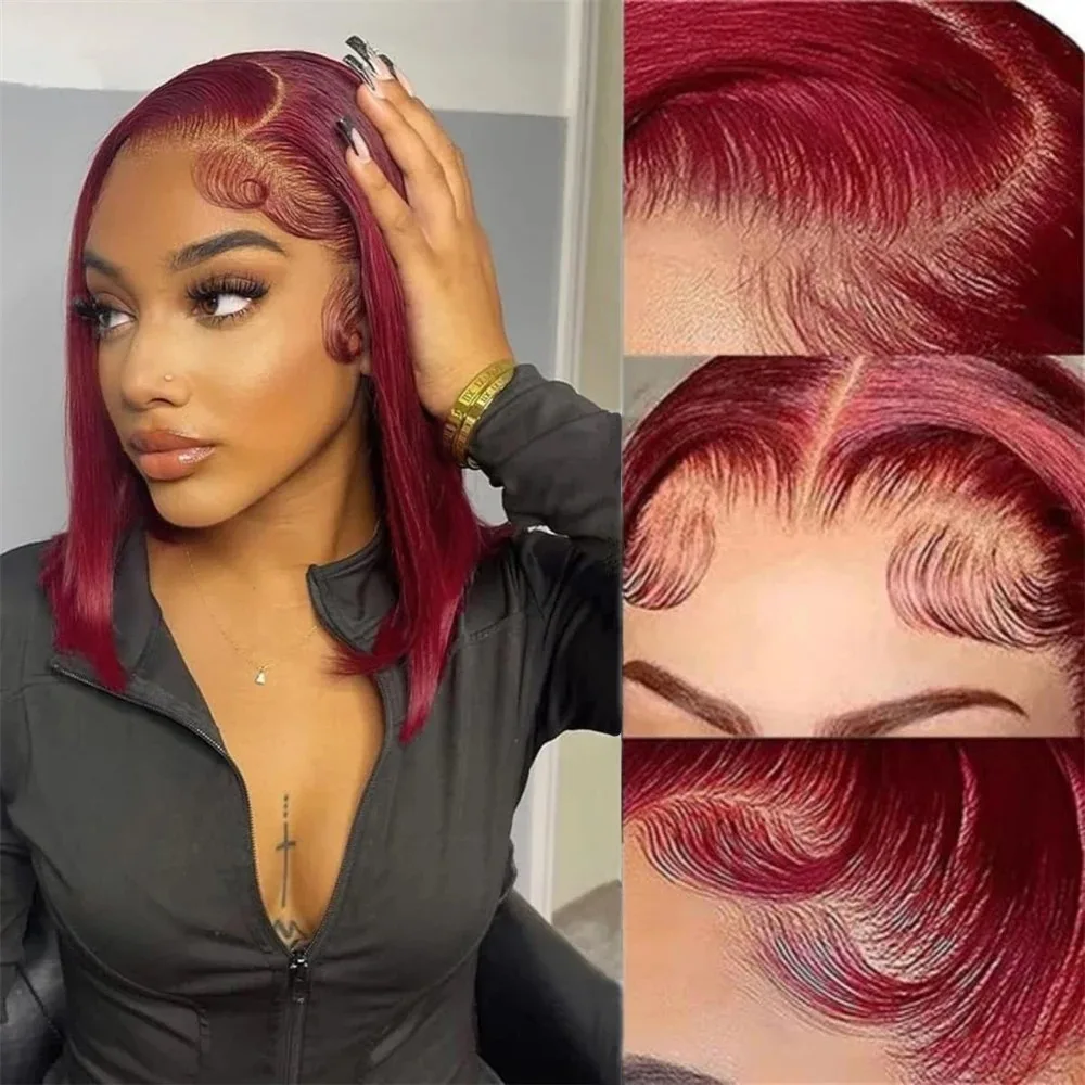 

12 Inch Wine Red Short Straight HD Lace Wig Burgundy Bob Wigs For Women 13x4 Synthetic Lace Front Wig Cosplay Daily Party
