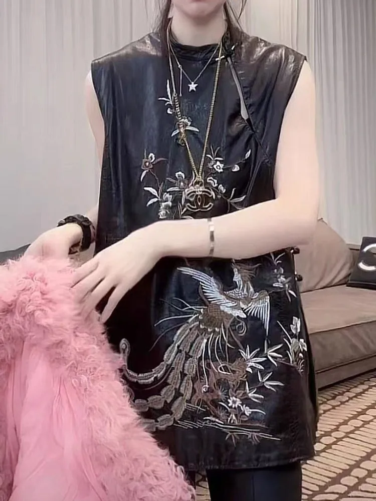 Women Black Oil Wax Cowhide Dresses Lady New Chinese Style Stand Collar Retro Above Knee Dress Sleeveless Loose A-line Sundress