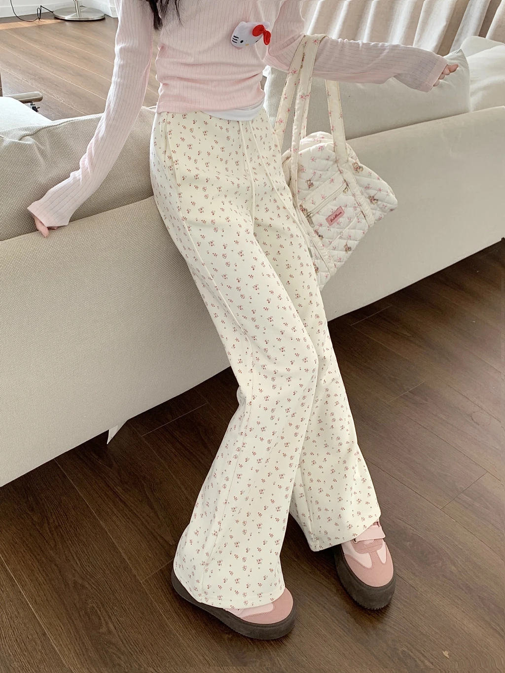 Vrouwen bloemen hangende wijde pijpen broek licht uitlopende pluche casual broek lente herfst winter mode