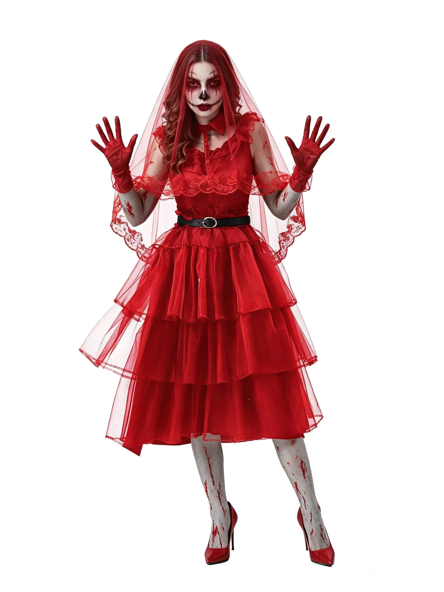 Halloween Blutfleck Zombie Brautkleid Rotes Ärmelloses Netzrock Horror-Themenparty Club Nacht Spitzen-Schleier Cosplay-Kostüm – Detail 6