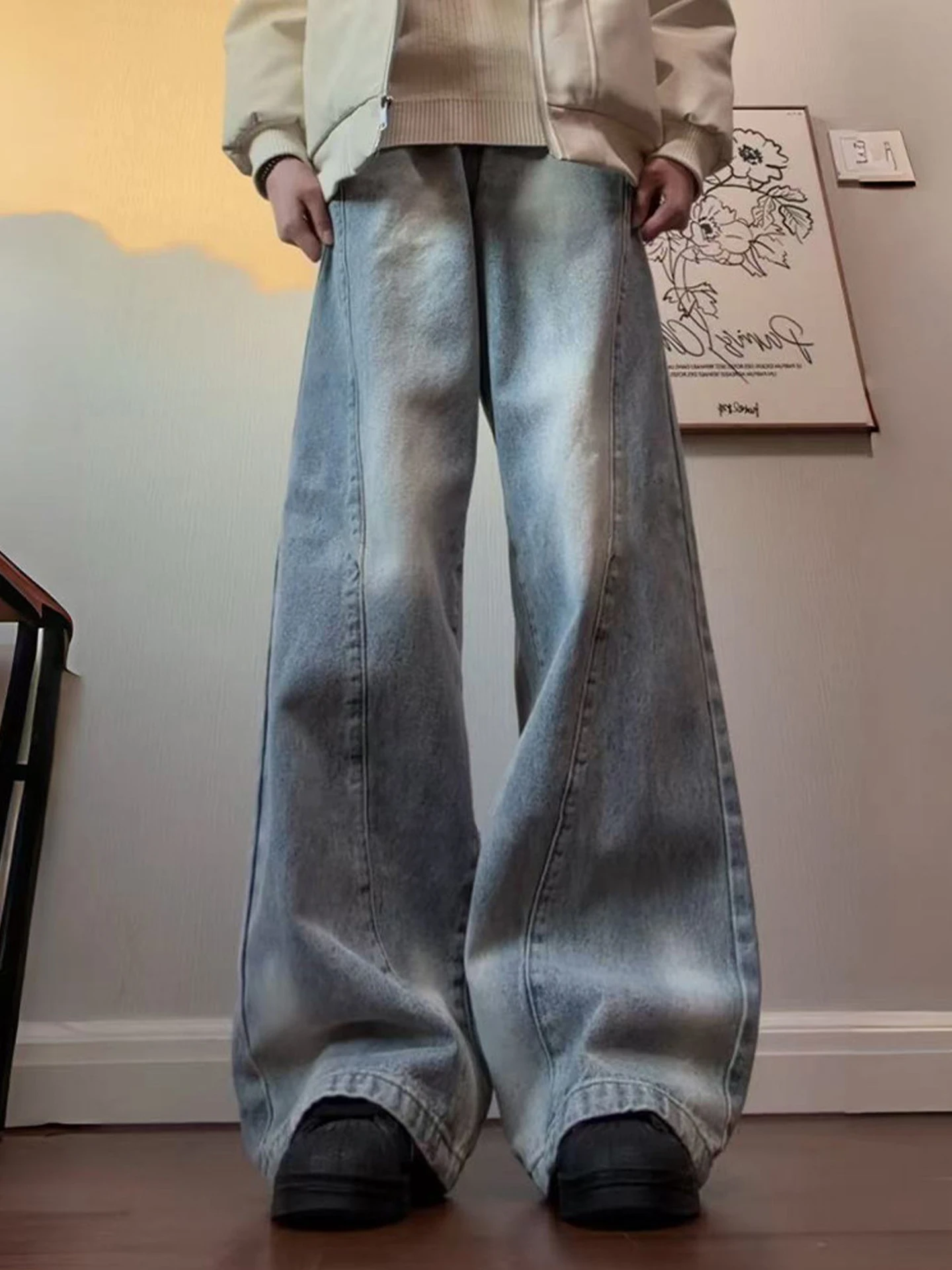 

Мужские джинсы-клеш в американском стиле, утепленные, прямого кроя, с застежкой-молнией, средней посадки, осенне-зимние, из денима