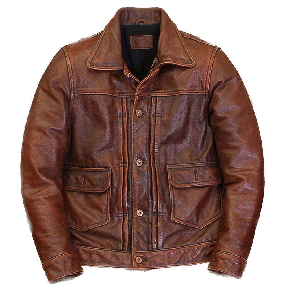 Genuine Leather Cowhide Jacket and Coat For Man Cowboy Designer Motorcycle Biker Men's Coat Jacket Tough Guys Overcoat 5XL