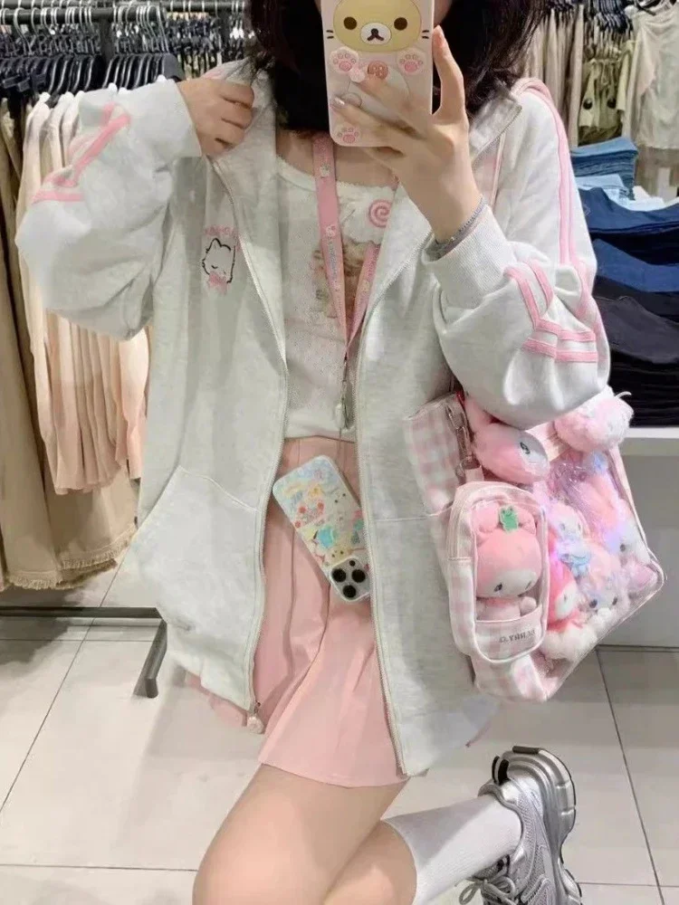 HOUZHOU-Sudadera con capucha y cremallera para mujer, suéter de gran tamaño con bordado de gato rosa, estilo Harajuku, Kawaii, moda japonesa,