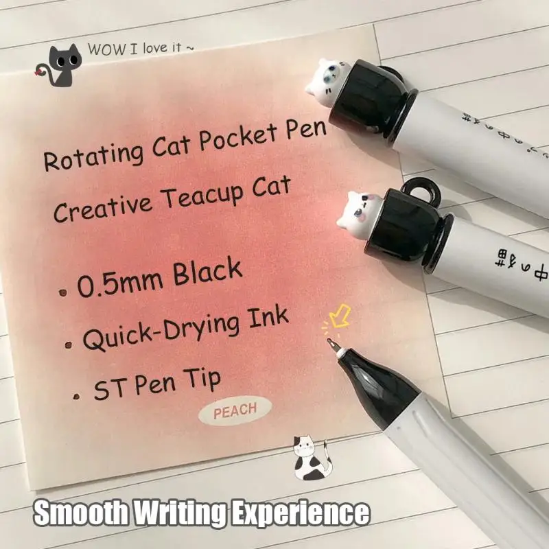 【Cute Teacup Cat Gel Pens 0.5mm Fun Animal Quick Dry Pen Creative Rotating Cat Pocket Pen For School & Office Use】