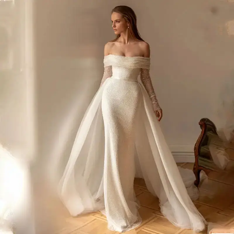 Customized Off Shoulder Glitter Elegant Mermaid Wedding Dresses Strapless Shiny Sleeves Bodycon Bohemia Bridal Gowns Plus Size