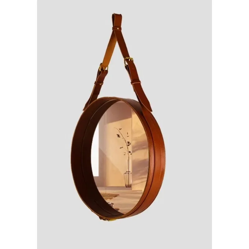 Wall-mounted round mirror cowhide, makeup dresser, bedroom, entrance decorative mirror retro wall