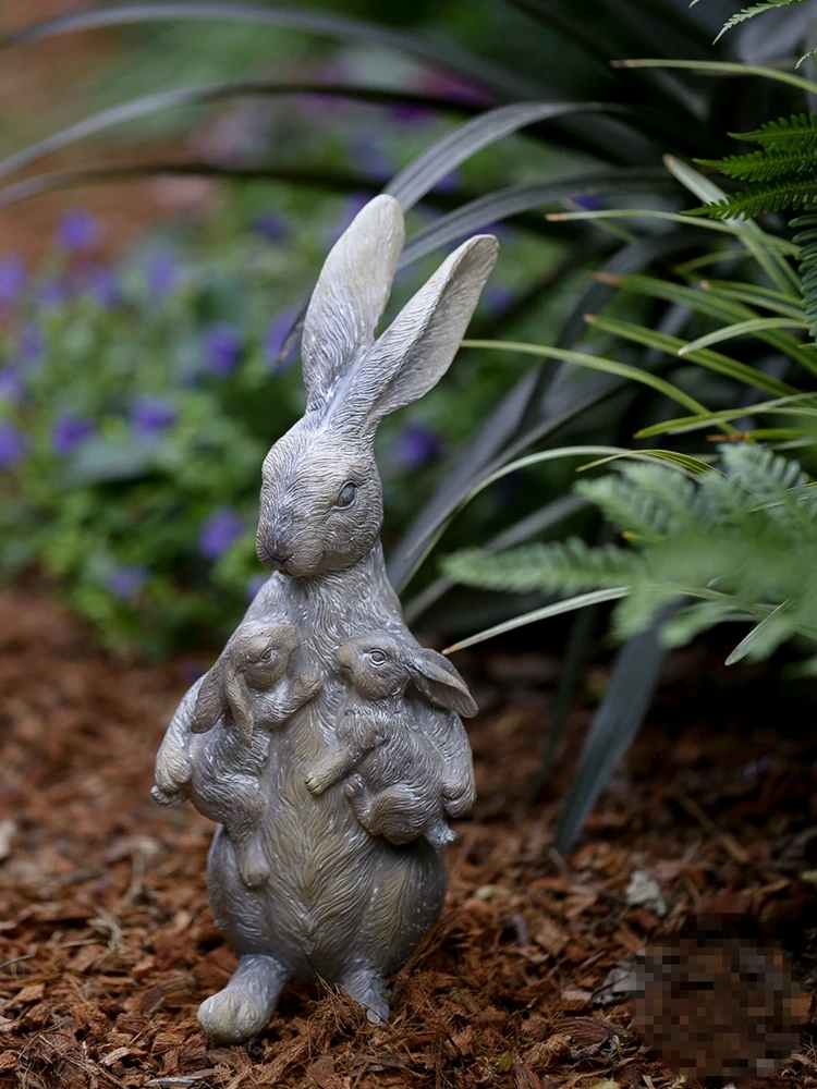 

Rural gardening outdoor vintage resin rabbit mother and baby bunny figurine home desktop Easter rabbit ornament