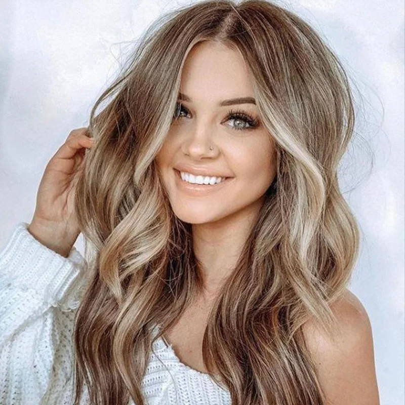

Wigs Medium-long Curly Big Waves Golden Fluffy Big Waves Center-parted Long Curly Wig Full Head Wig