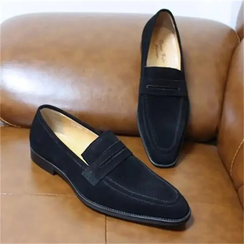 Men Elegant Loafers Solid Color Faux Suede Square Toe Low Heel Retro Face Mask Fashion Business Casual Daily Classic Dress Shoes