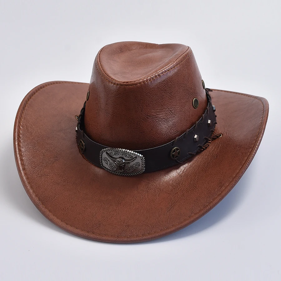 Faux Leather Cowboy Hat Women Men Vintage Big Brim Western Cowgirl Jazz Cap Windproof Rope Hat