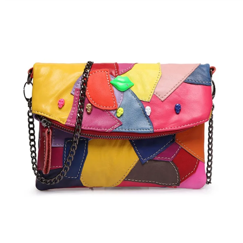 Women\'s Fashion Mini Soft Genuine Leather Sheepskin Colorful Patchwork Design Crossbody Shoulder Bag with Chain Strap