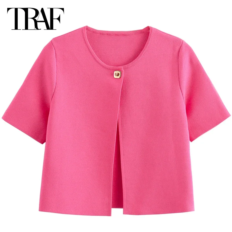 TRAF Women\'s Cardigan Summer 2024 Knit Crop Coat O-Neck Short Sleeves Button Top New In Outwear Elegant Women\'s Luxury Coat Mark